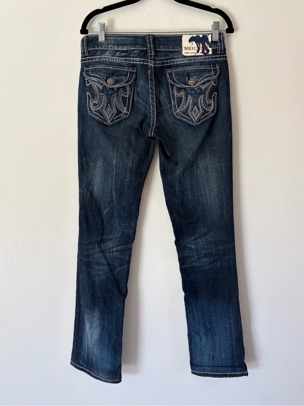 MEK Denim Oaxaca Straight Jeans Dark Wash Embroidered Denim Size 27